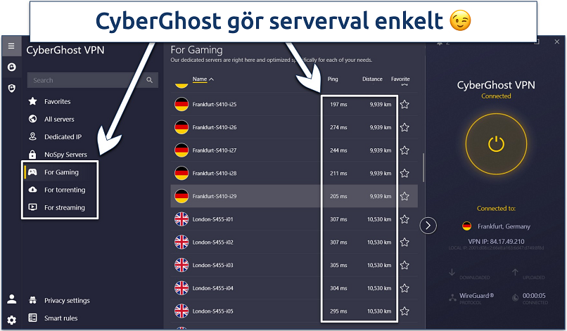Skärmdump av CyberGhosts Windows-app som visar hjälpmedel för serverval