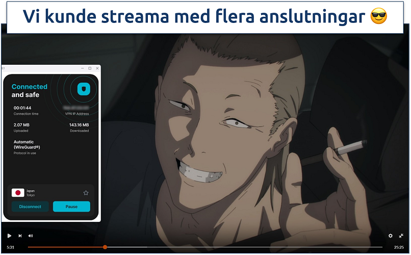 Skärmdump av streaming av Chainsaw Man på Crunchyroll medan du är ansluten till Sursharks japanska server