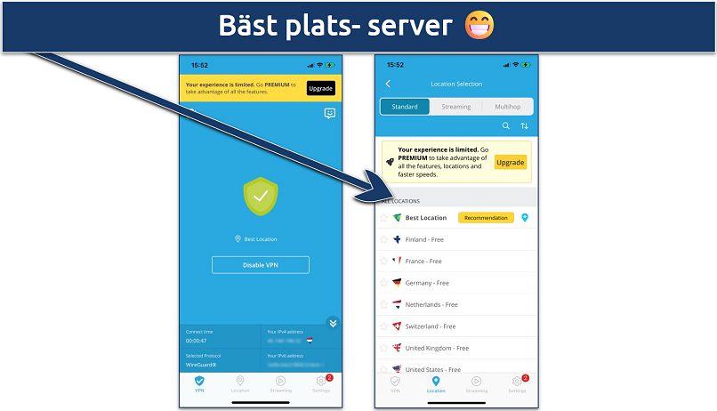 Screenshot of the free servers list in the hide.me iOS app