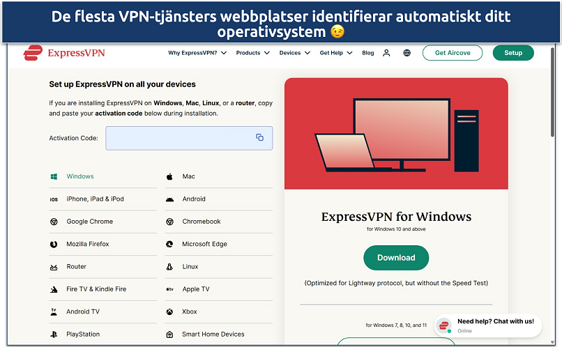 Screenshot of the ExpressVPN account dashboard with its app download options